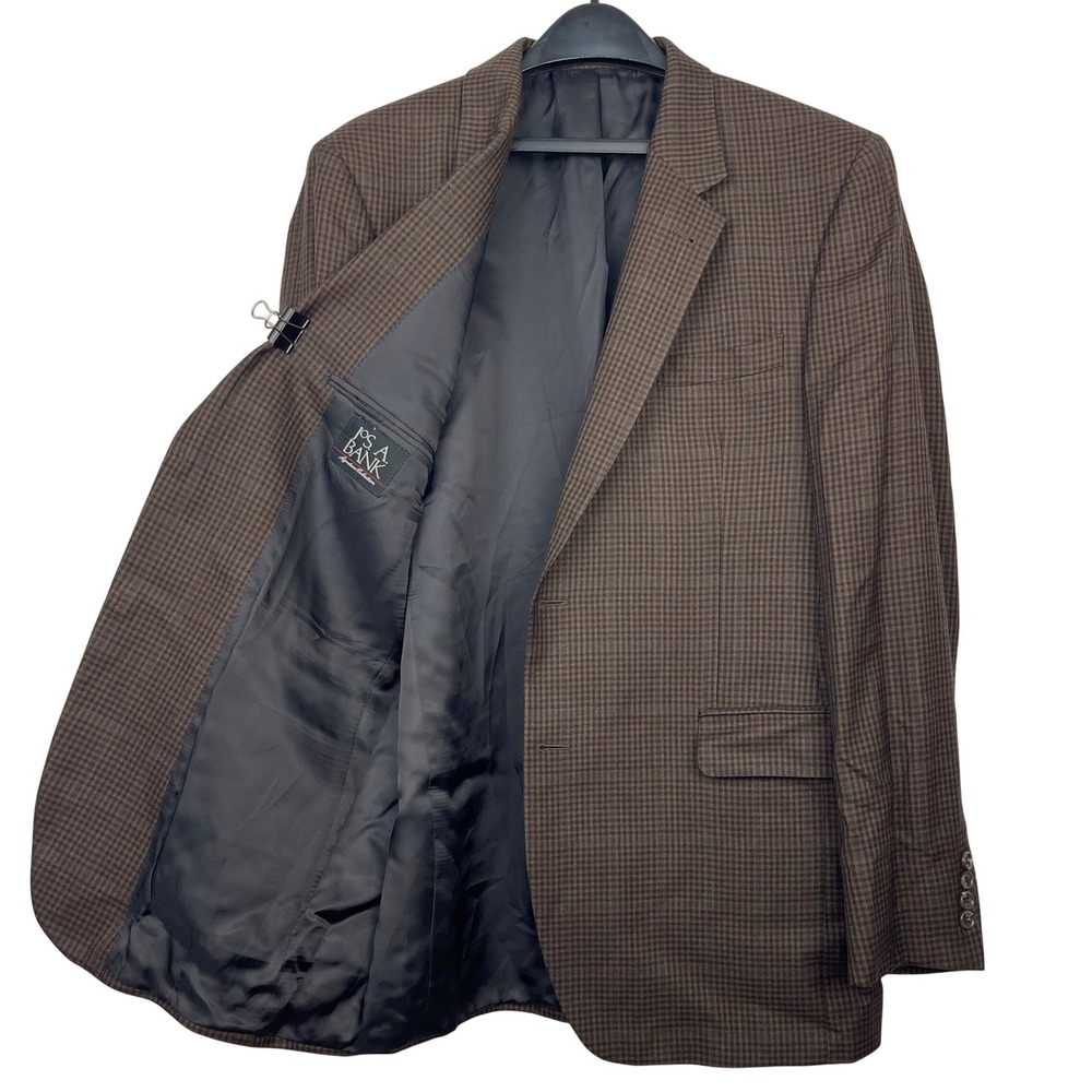 Jos‎ A Bank Signature SILK + WOOL Blazer 43L Brown Check Plaid Sport Coat Jacket